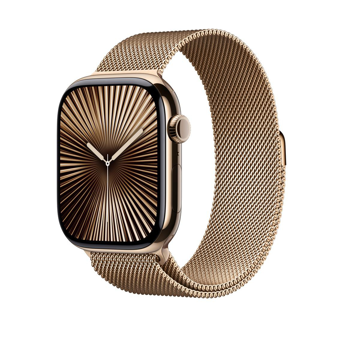 Apple Watch mit goldenem Gehäuse und goldenem Milanese-Armband.