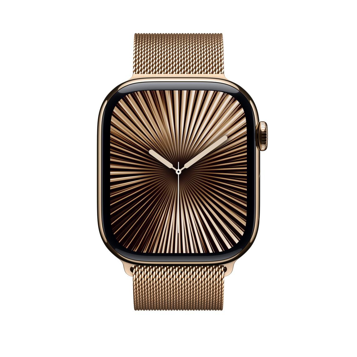 Goldene Apple Watch mit goldenem Mesh-Armband auf weißem Hintergrund.