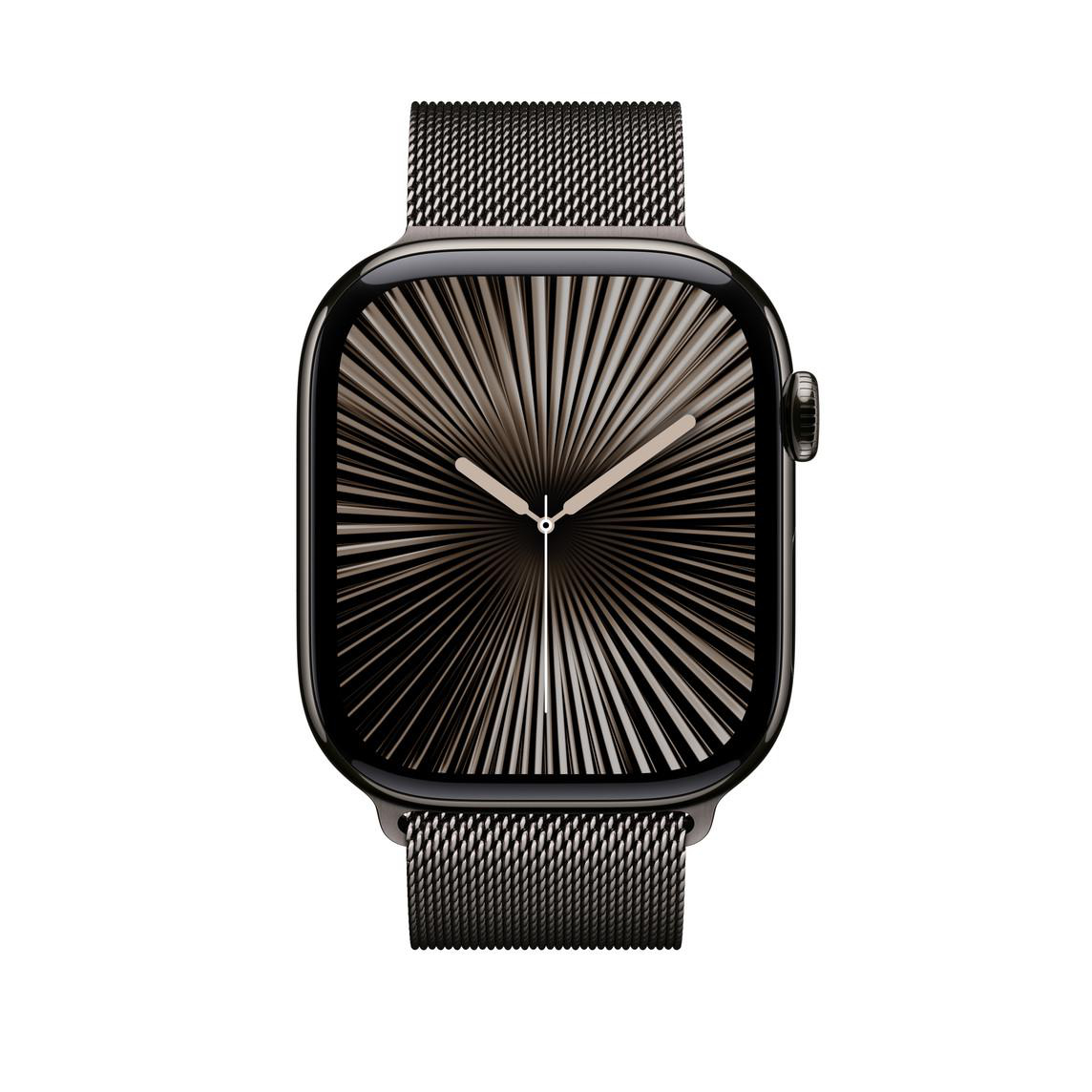 Eine Apple Watch mit dunklem Metallarmband und radialem Ziffernblatt.