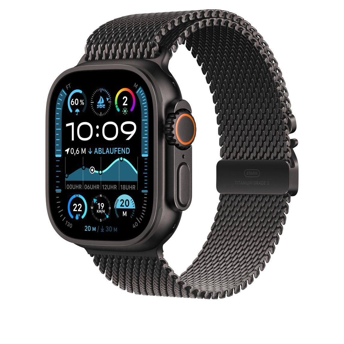 Schwarze Apple Watch Ultra mit schwarzem Armband. Die Uhr zeigt Zeit und Gesundheitsdaten an.