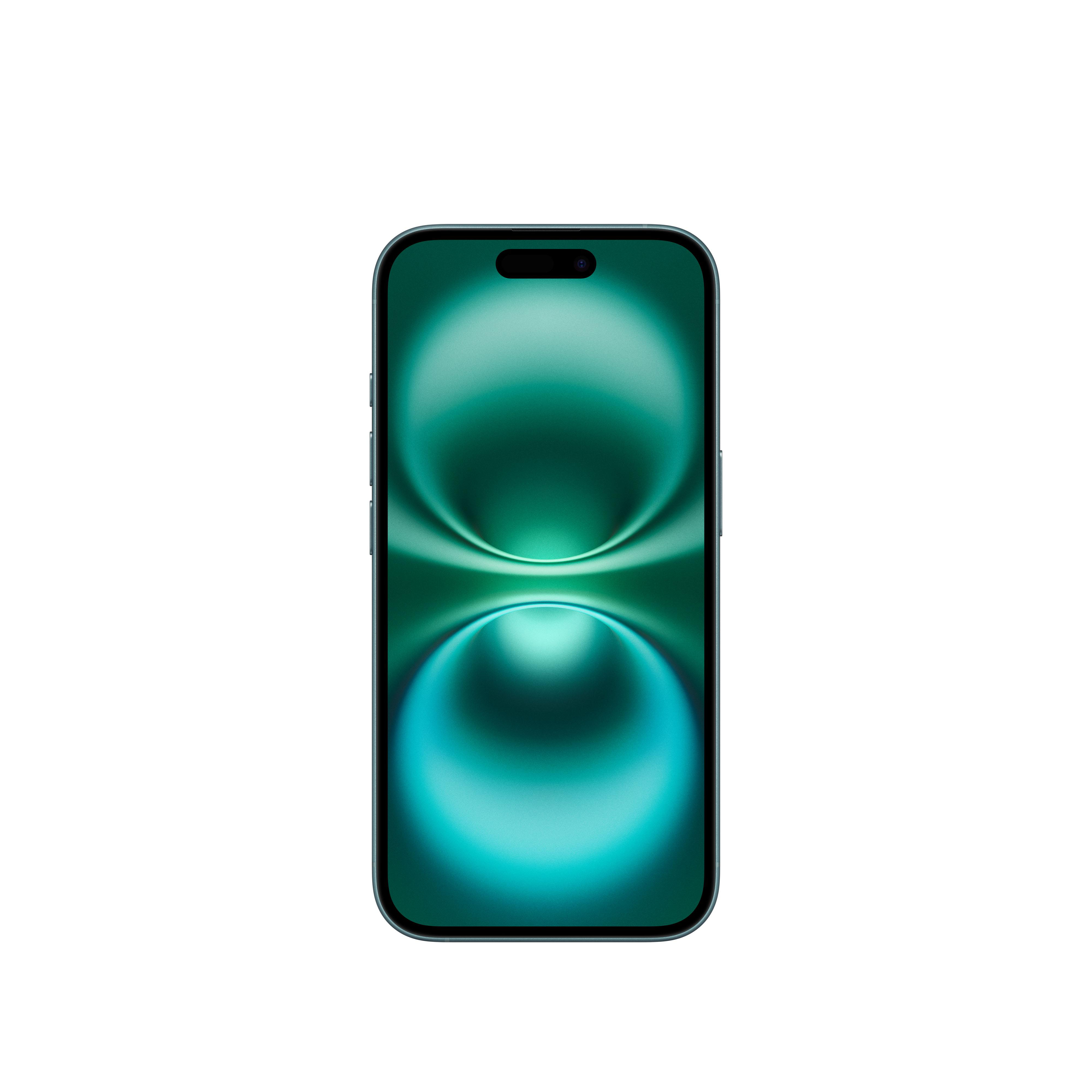 Ein türkisfarbenes iPhone auf weißem Hintergrund. Kameraobjektive und Bildschirm sind sichtbar.