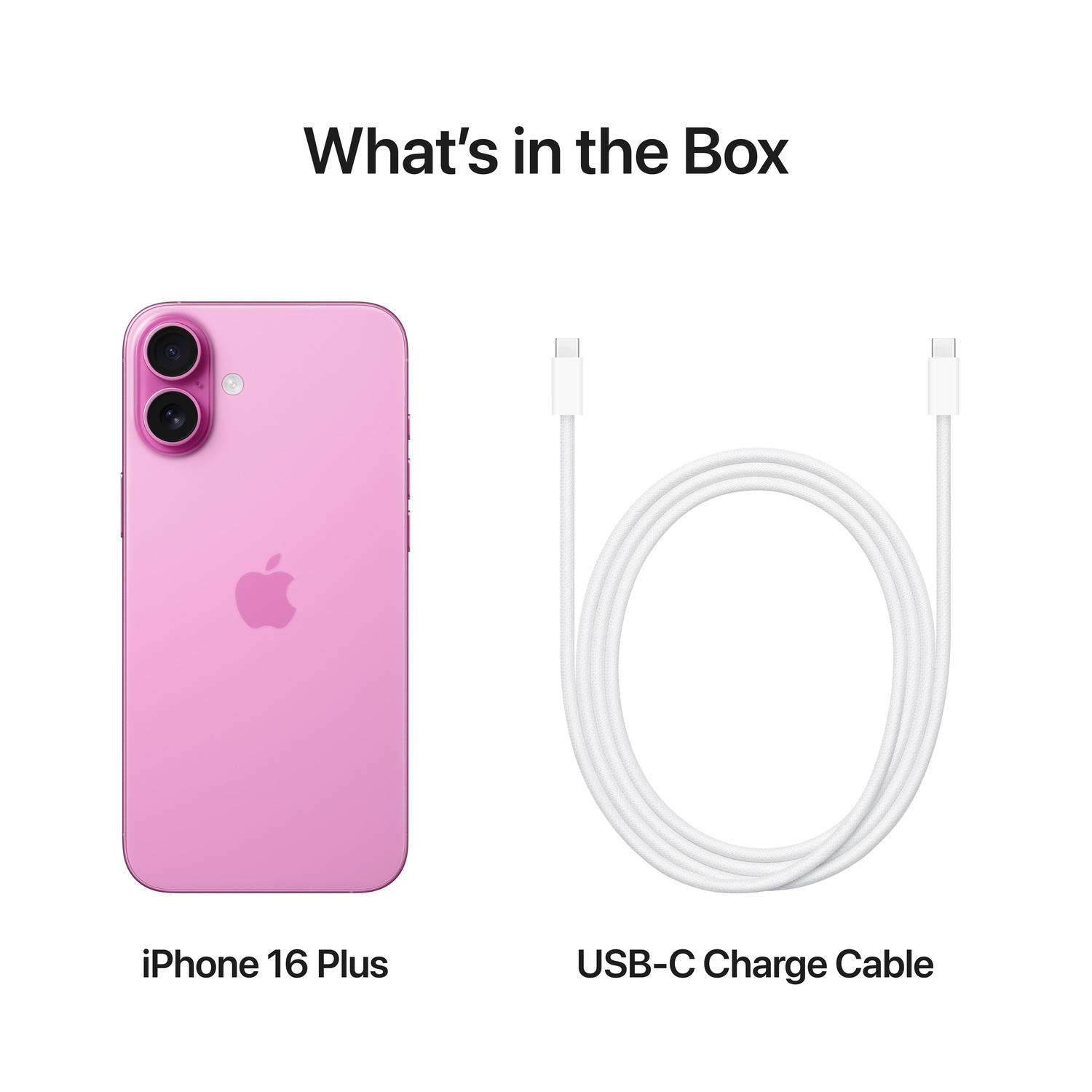 iPhone 16 Plus rose et câble de chargement USB-C, sur fond blanc.