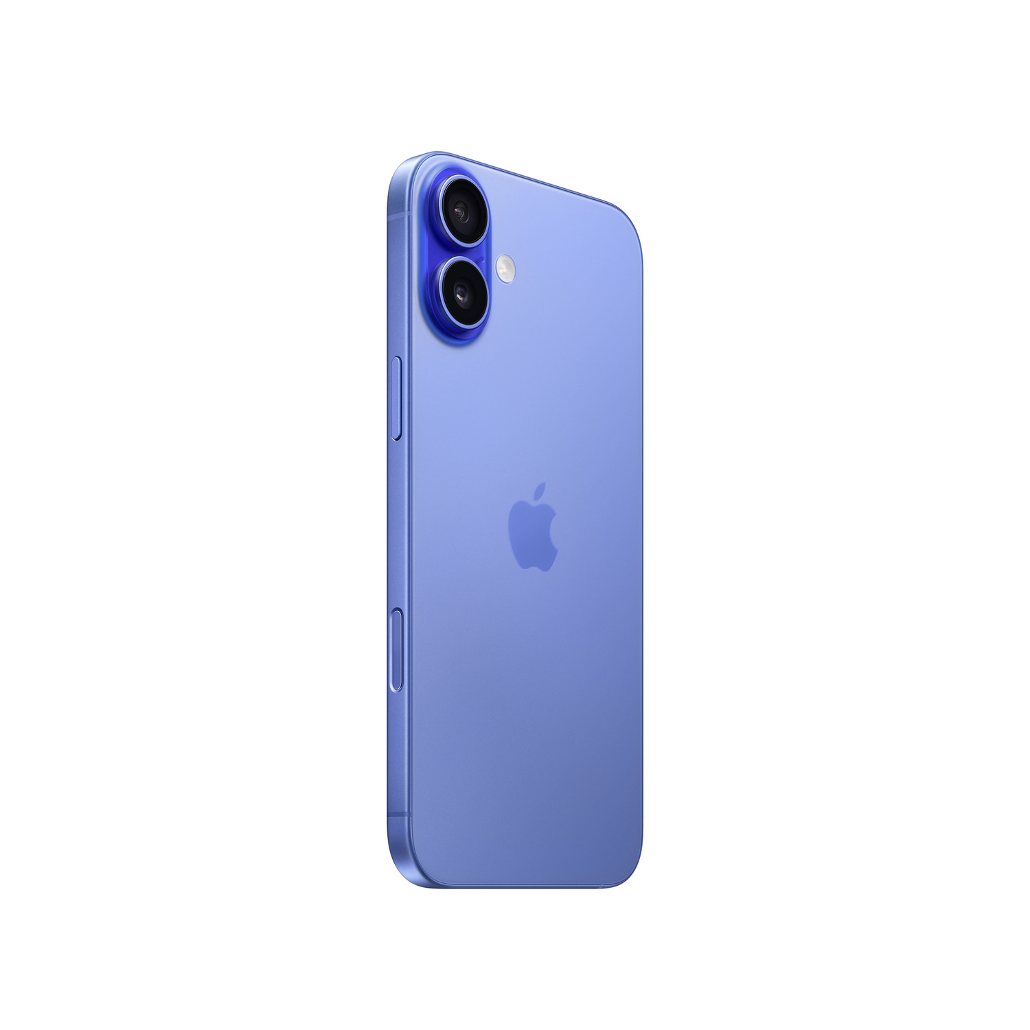 Blauwe iPhone, achteraanzicht, met Apple-logo.