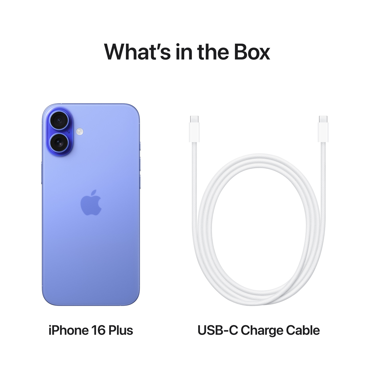 Blauwe iPhone 16 Plus en witte USB-C-kabel op witte achtergrond. Tekst: 'Wat zit er in de doos'.