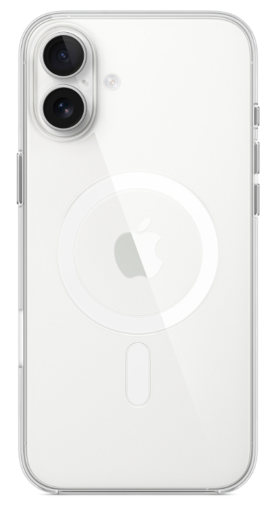 Przezroczyste etui na telefon z telefonem w środku. Telefon ma dwa aparaty i białe logo Apple.