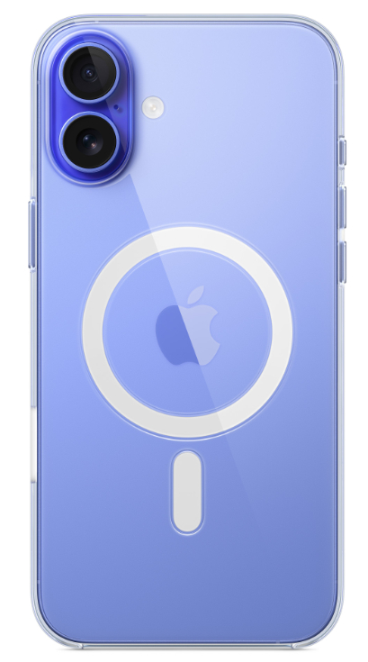 Przezroczyste etui na iPhone'a z niebieskim telefonem w środku, pokazujące logo Apple i ładowarkę.