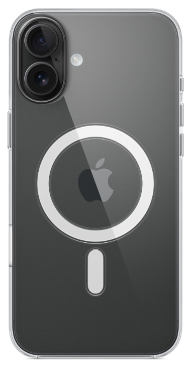 Przezroczyste etui z białym okręgiem i logo Apple oraz telefonem w środku. Izolowane.