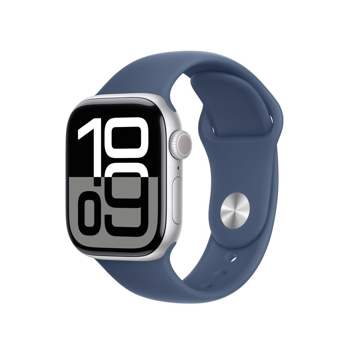 Eine silberne Smartwatch mit blauem Armband. Der Bildschirm zeigt große weiße Zahlen auf schwarzem Grund.