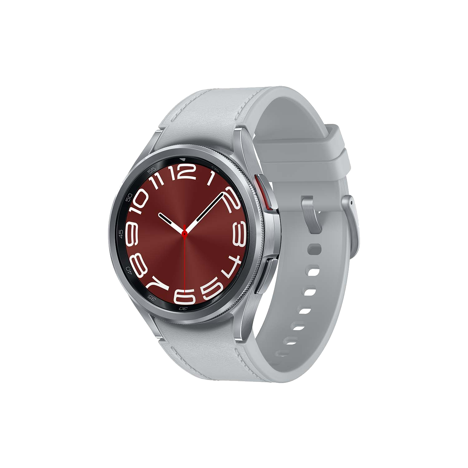 Un Samsung Galaxy Watch plateado con esfera roja. La correa es gris claro. El fondo es negro.
