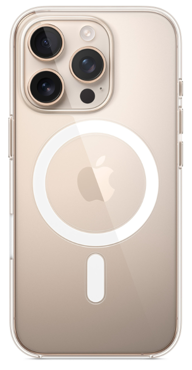 Tył złotego smartfona z przezroczystym etui, białym okręgiem i logo Apple.