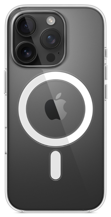 Przezroczyste etui na iPhone'a z logo Apple i pierścieniem MagSafe. Czarny telefon w środku.