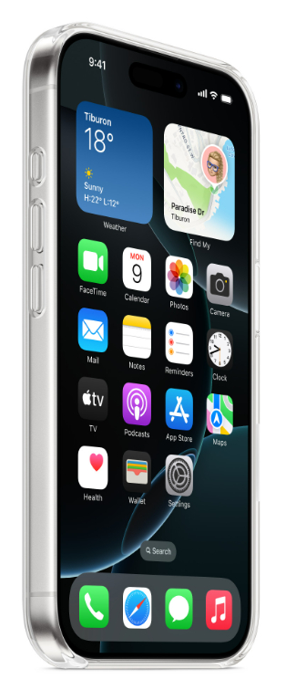 Srebrny telefon z przezroczystym etui. Ekran wyświetla ikony pogody i aplikacji, na białym tle.