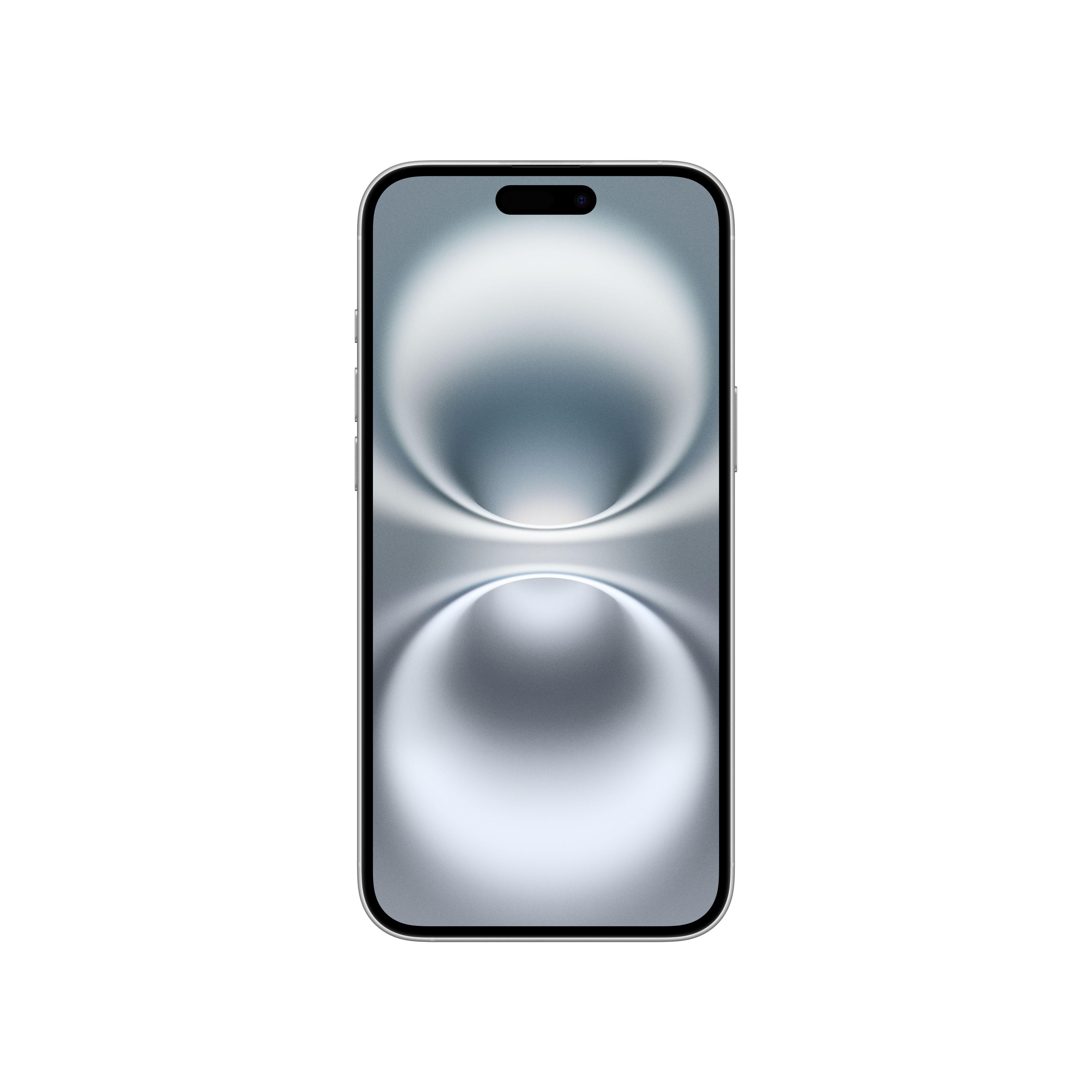 Silbernes iPhone Vorderansicht mit hellem, abstraktem Hintergrund.