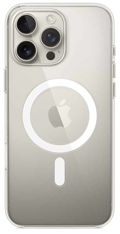 Przezroczyste etui na iPhone'a, pokazujące tył telefonu. Z okręgiem MagSafe i logo Apple.