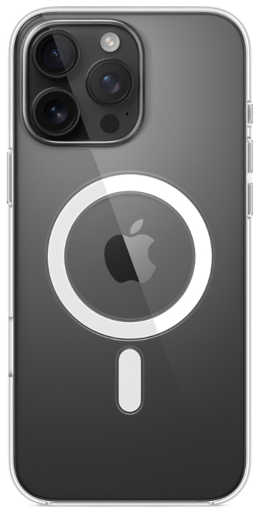 Przezroczyste etui na telefon z czarnym logo Apple i białym okręgiem dla MagSafe.