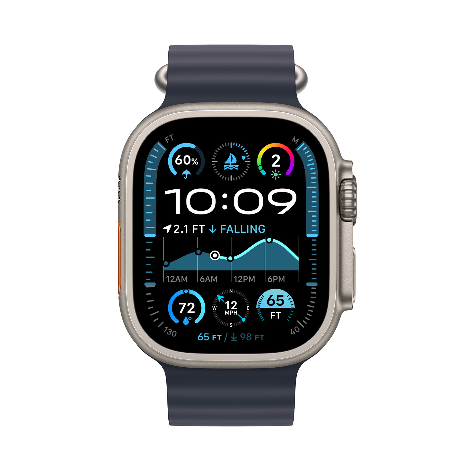 Apple Watch Ultra toont statistieken: tijd, locatie, hoogte en hartslaggegevens.