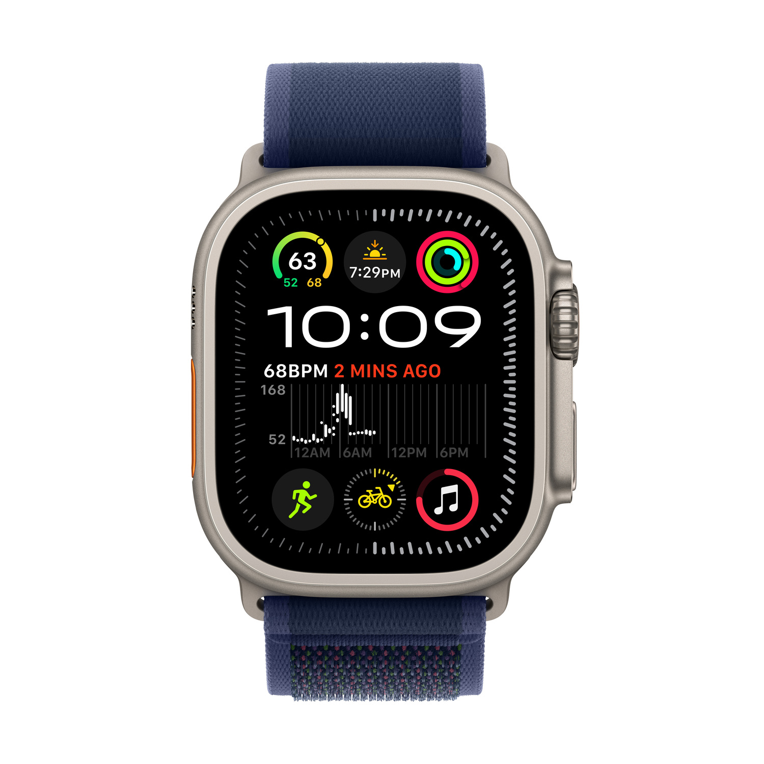 Apple Watch Ultra met blauwe band, toont tijd en fitnessgegevens op het scherm.