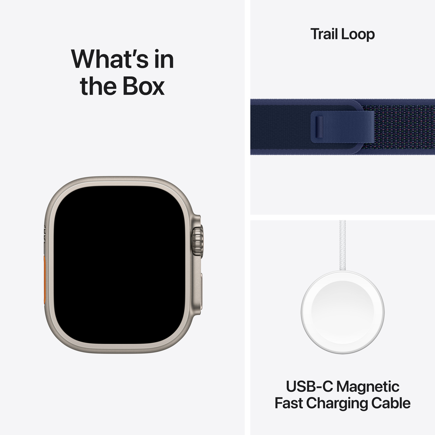 Een zilveren Apple Watch Ultra, Trail Loop band en een magnetische USB-C snellaadkabel worden getoond.