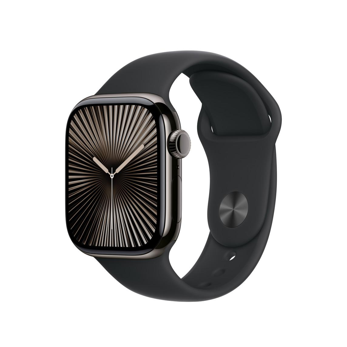 Apple Watch mit schwarzem Armband, zeigt Sonnenstrahlen-Design.