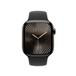 Eine schwarze Apple Watch mit dunklem Zifferblatt, die die Zeitanzeige zeigt.