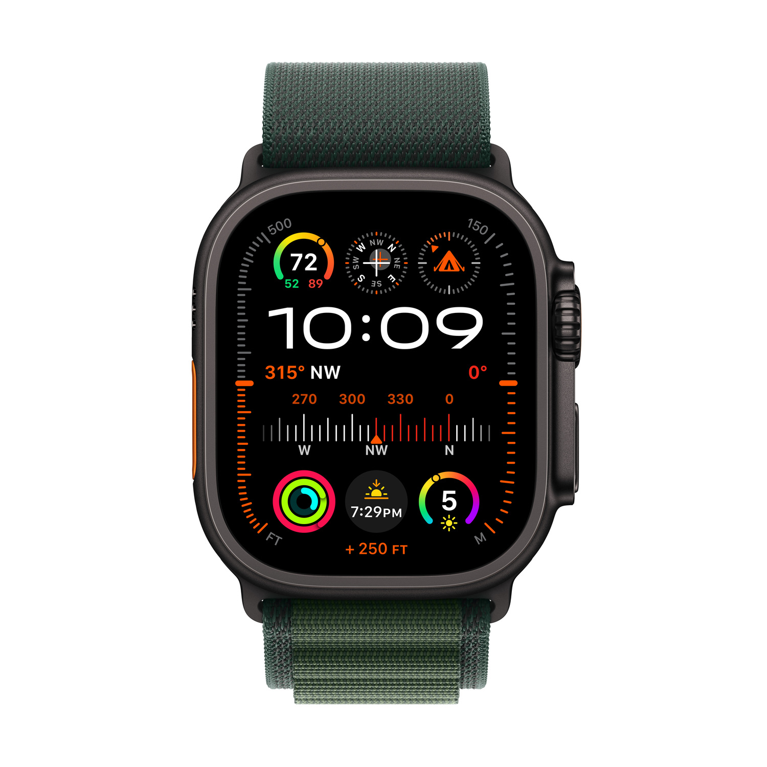 Apple Watch Ultra met groene band. Toont kompas, tijd en activiteitsgegevens op een zwarte wijzerplaat.
