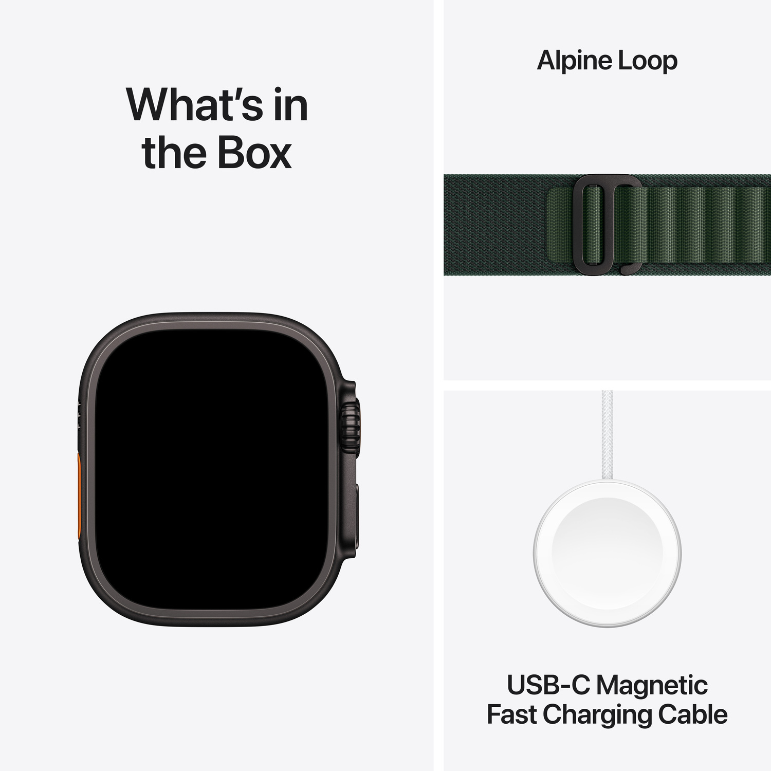 Apple Watch, horlogeband en oplader in een doos, alles op witte achtergrond.