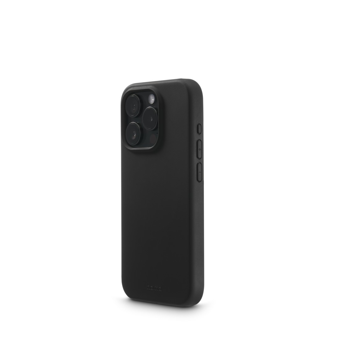 Schwarze iPhone-Hülle mit Kameraausschnitten. Sie befindet sich auf weißem Hintergrund.