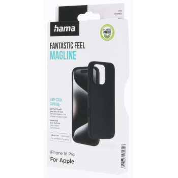 Box mit iPhone 16 Pro Hülle. Die Hülle ist schwarz und für kabelloses Laden geeignet.