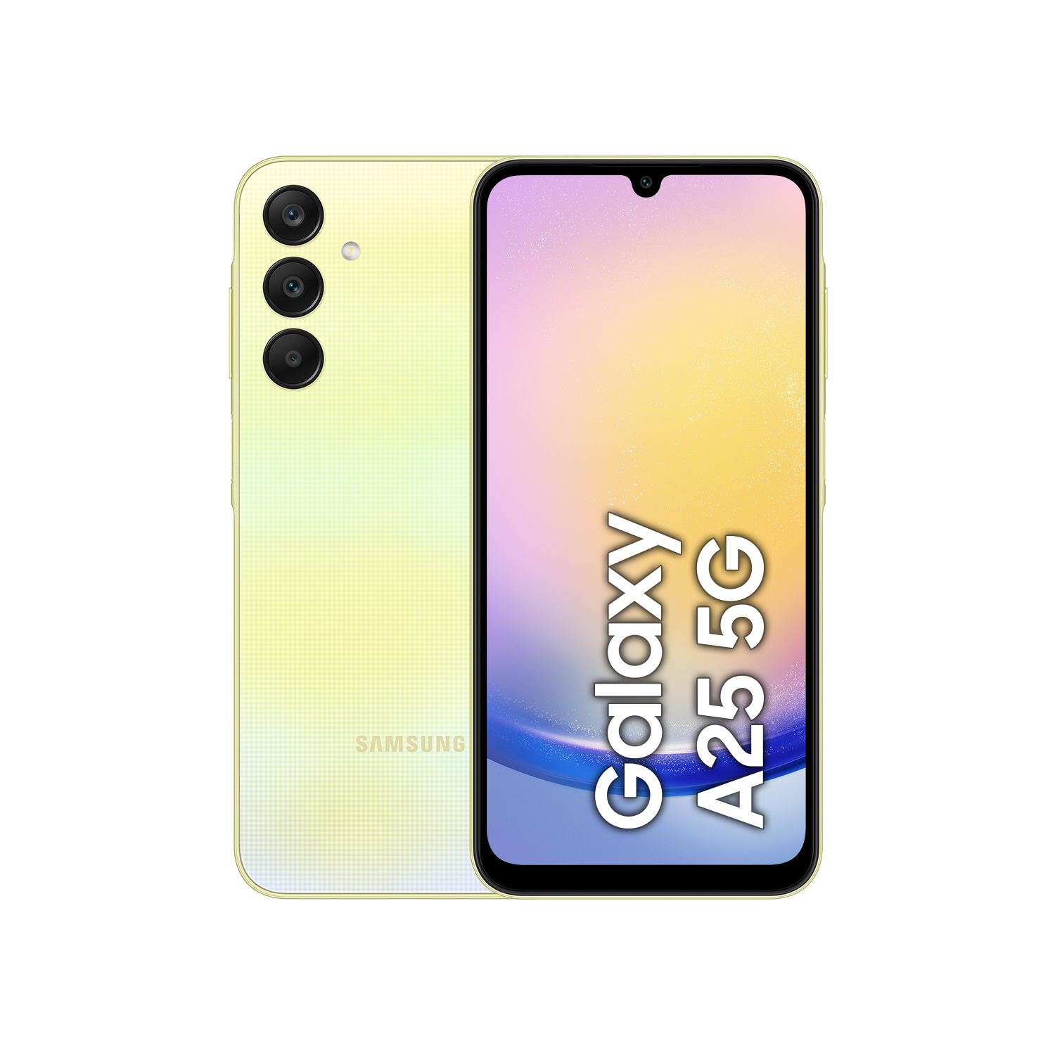 Teléfono Samsung Galaxy A25 5G amarillo. Vistas frontal y posterior. La pantalla muestra el texto "Galaxy A25 5G".