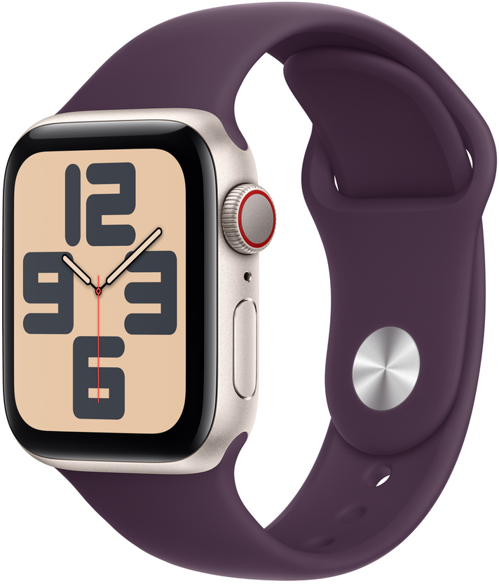 Apple Watch mit beigem Zifferblatt, zeigt die Uhrzeit 09:37, mit lila Armband.