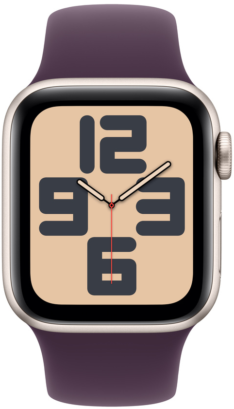 Eine Smartwatch mit lila Armband und beigem Zifferblatt mit großen schwarzen Ziffern.