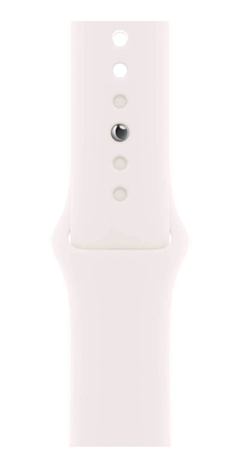 Ein weißes Apple Watch Armband. Es hat drei Löcher und einen silbernen Metallstift.