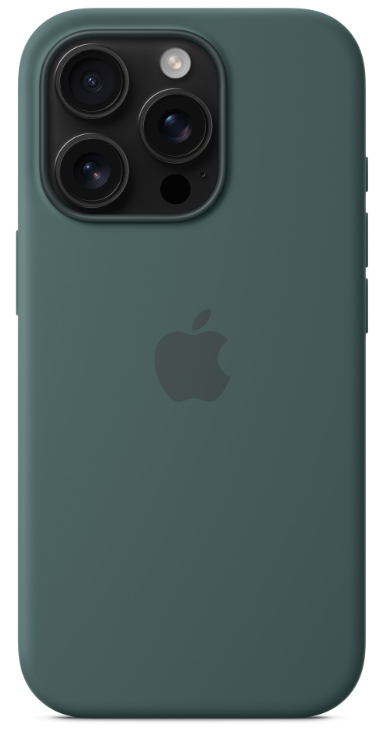 Widok z tyłu ciemnozielonego smartfona z trzema obiektywami i logo Apple.