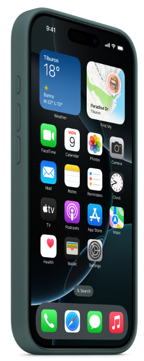 Zielony iPhone z otwartą aplikacją pogodową, pokazujący dane pogodowe i ikony aplikacji.