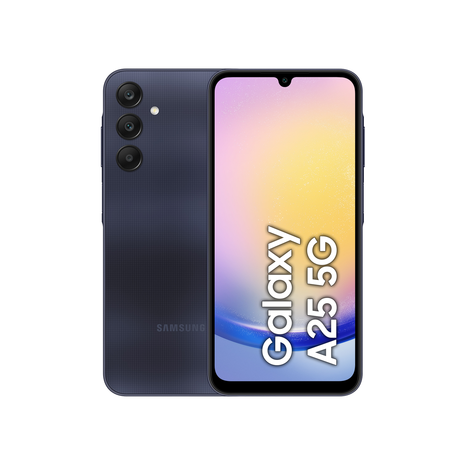 Teléfono Samsung Galaxy A25 5G azul oscuro. Vista frontal y trasera.