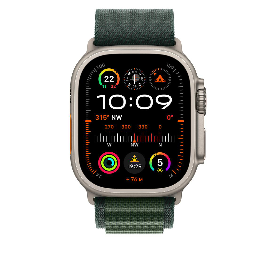 Apple Watch Ultra mit grünem Armband. Zeigt Zeit, Kompass und Gesundheitsmetriken auf schwarzem Bildschirm.