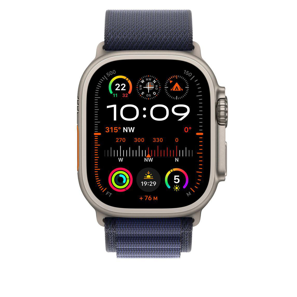 Smartwatch mit Anzeige von Zeit, Kompass und Fitnessdaten auf blauem Armband.