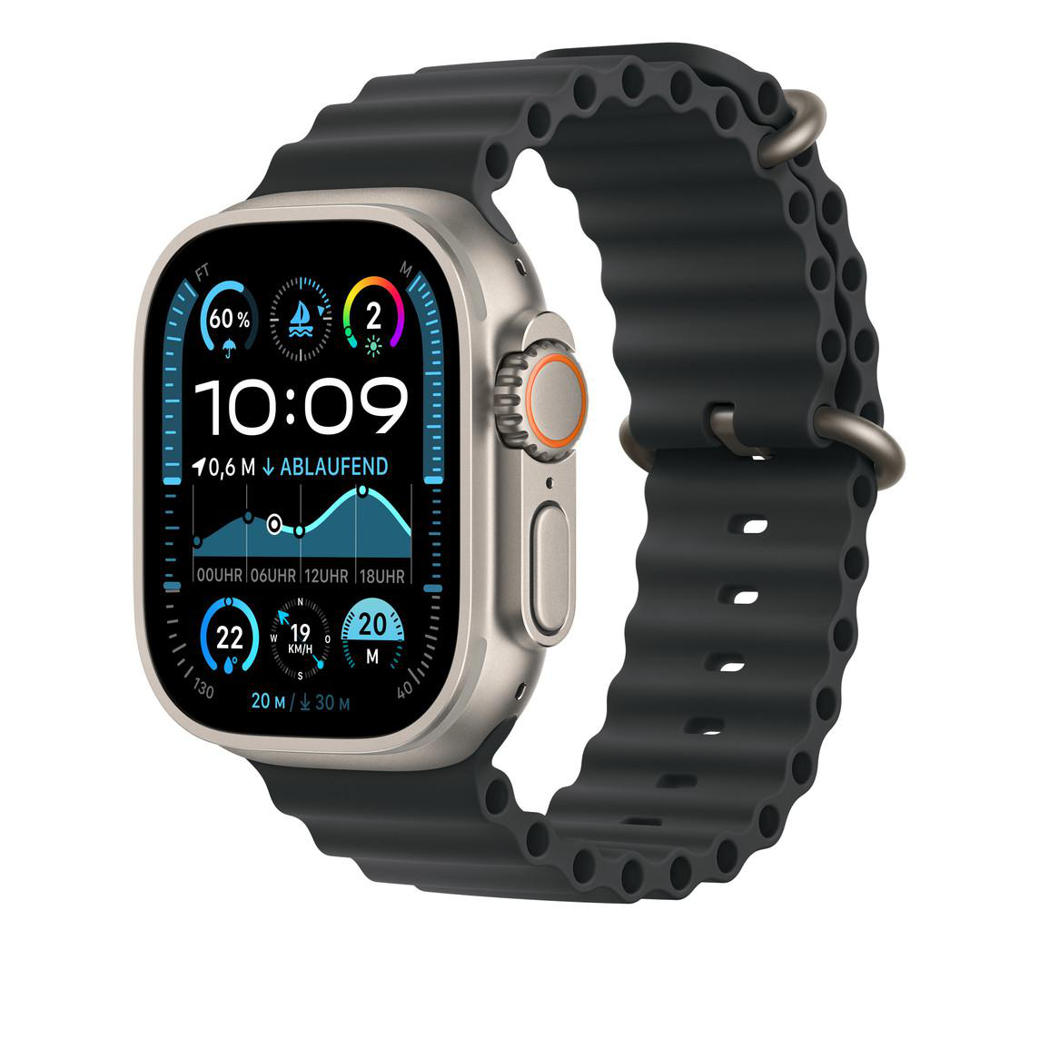 Eine Apple Watch Ultra mit schwarzem Armband, die Gesundheitsdaten anzeigt. Der Bildschirm zeigt Metriken.