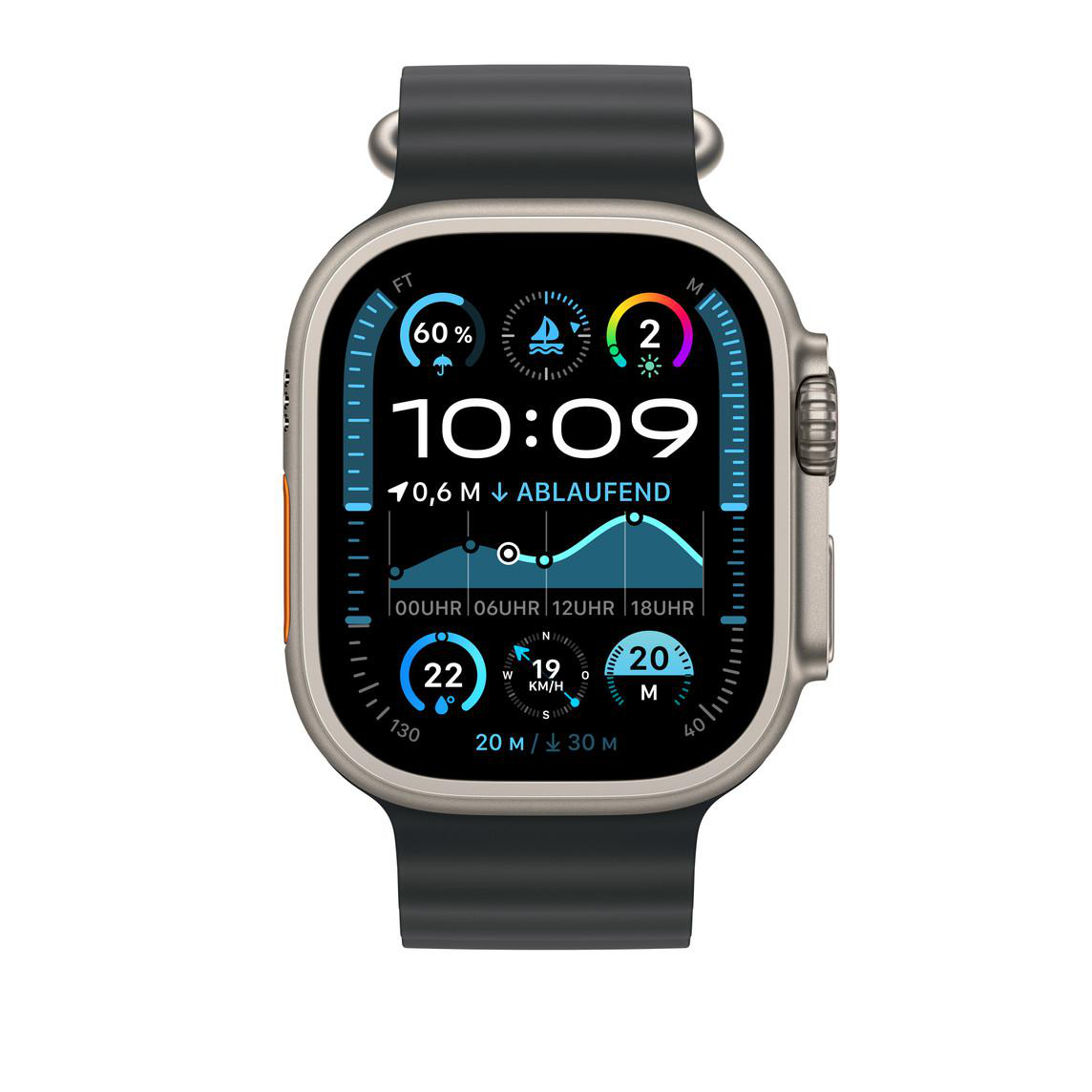 Silberne Smartwatch mit schwarzem Armband, zeigt die Uhrzeit 10:09, mit vielen Widgets auf dem Bildschirm.