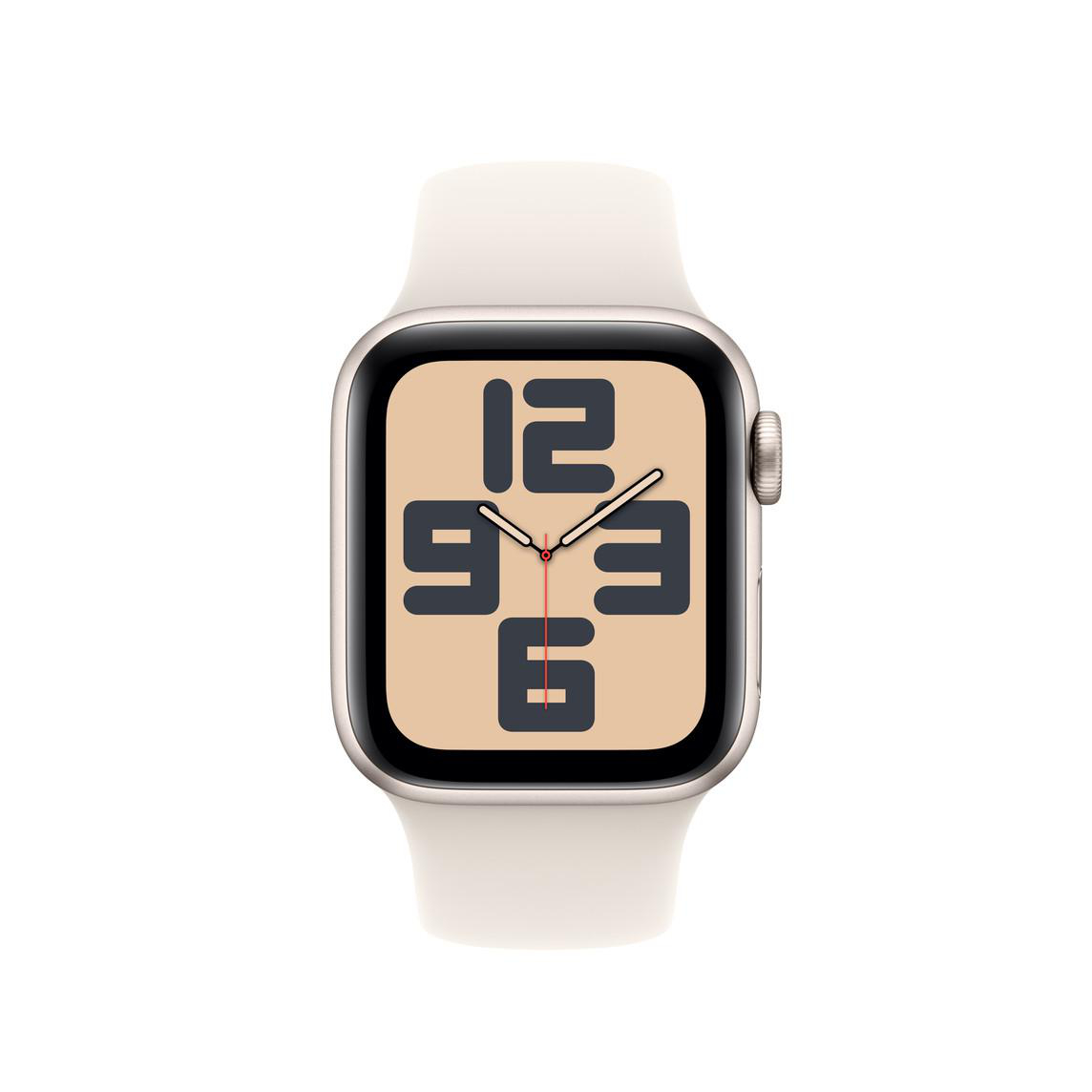 Smartwatch mit cremefarbenem Zifferblatt und großen, dunklen Zahlen. Hat ein cremefarbenes Armband.
