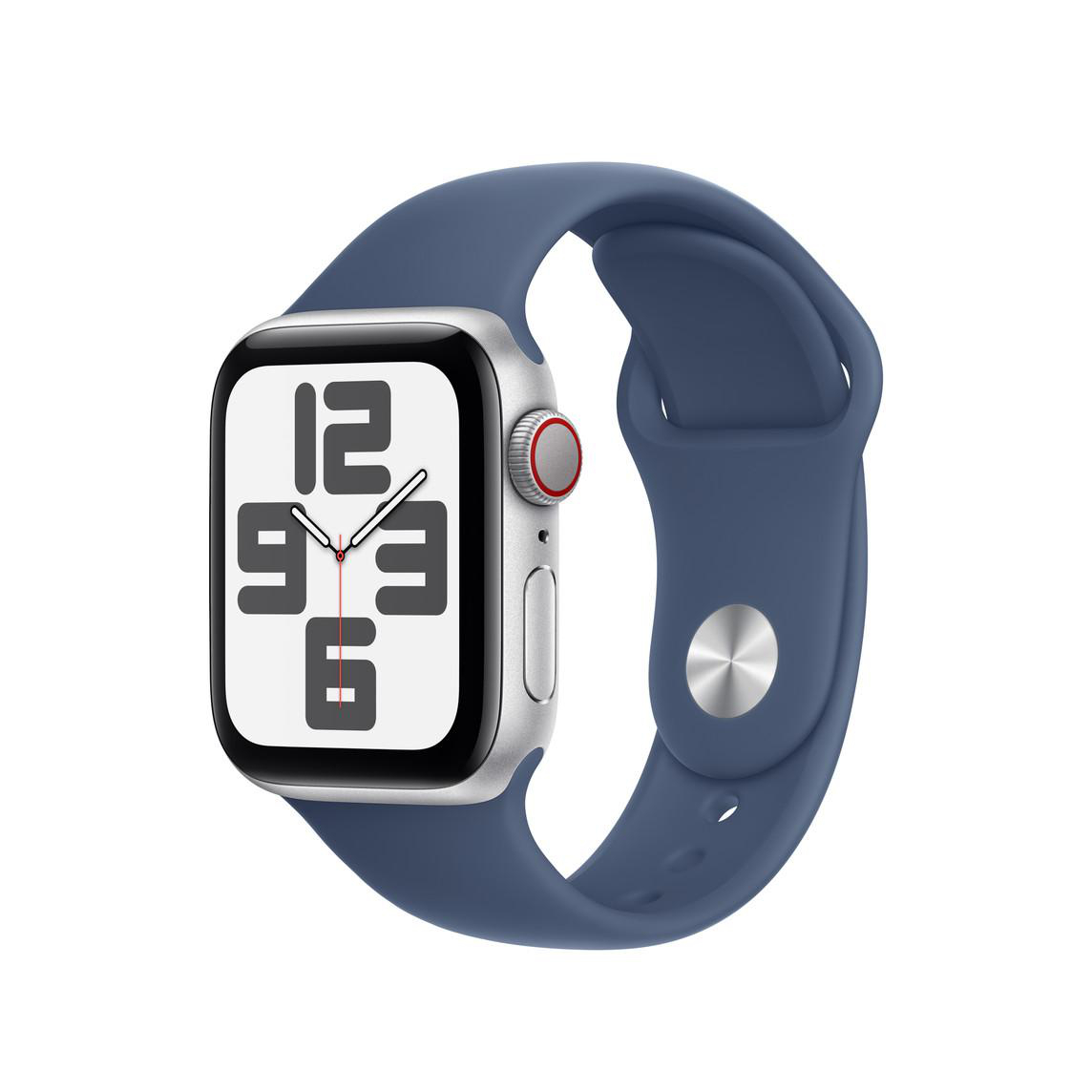 Eine Apple Watch mit digitaler Anzeige, die die Uhrzeit anzeigt, auf einem blauen Armband.