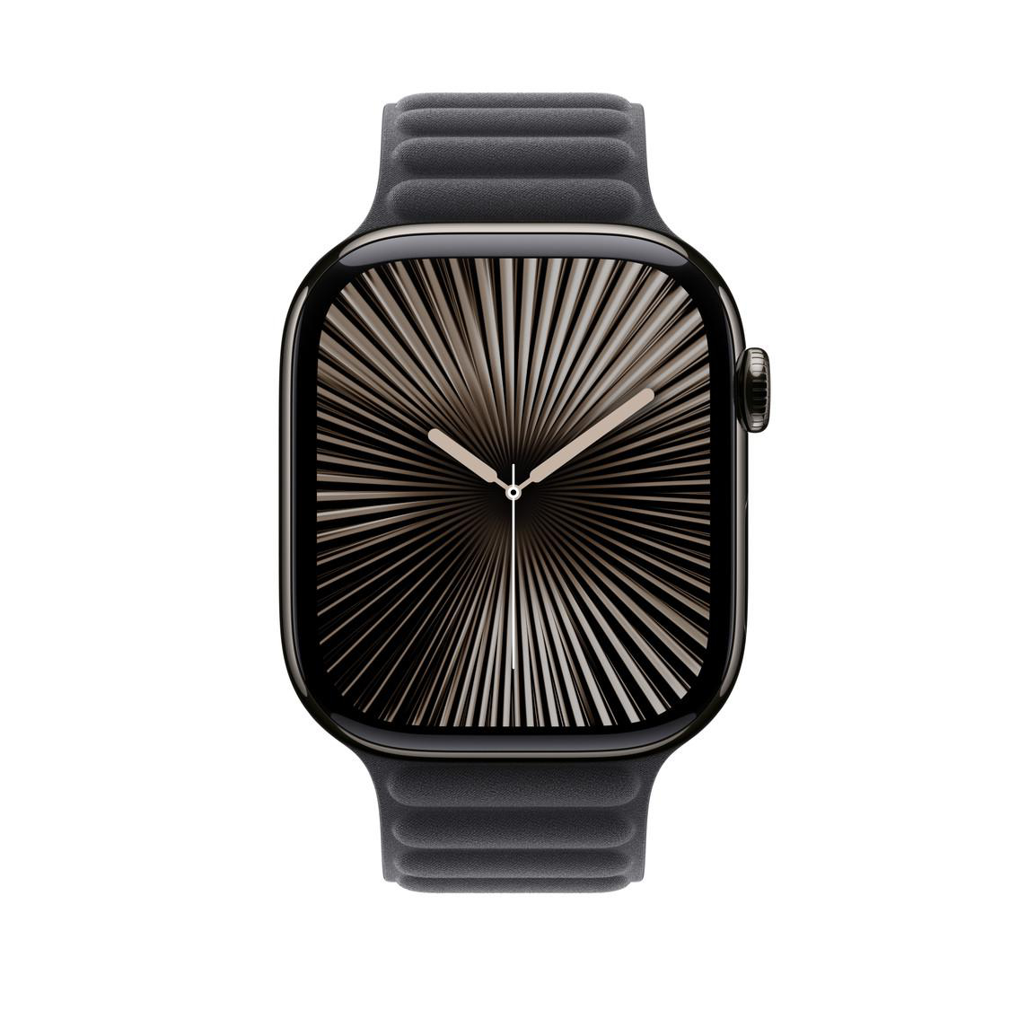 Schwarze Apple Watch mit einzigartigem Zifferblatt, radiales Design.