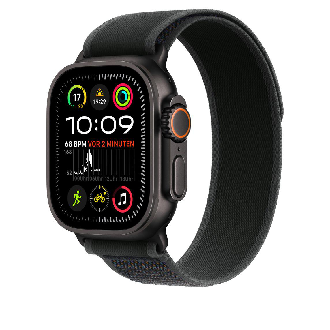 Smartwatch mit Fitnessdaten, Zeit und Herzfrequenz auf schwarzem Armband.