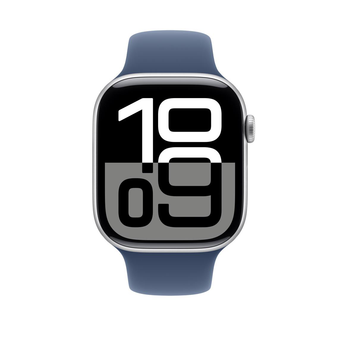Eine Apple Watch mit blauem Armband, die die Uhrzeit 19:09 anzeigt. Die Uhr hat ein silbernes Gehäuse.
