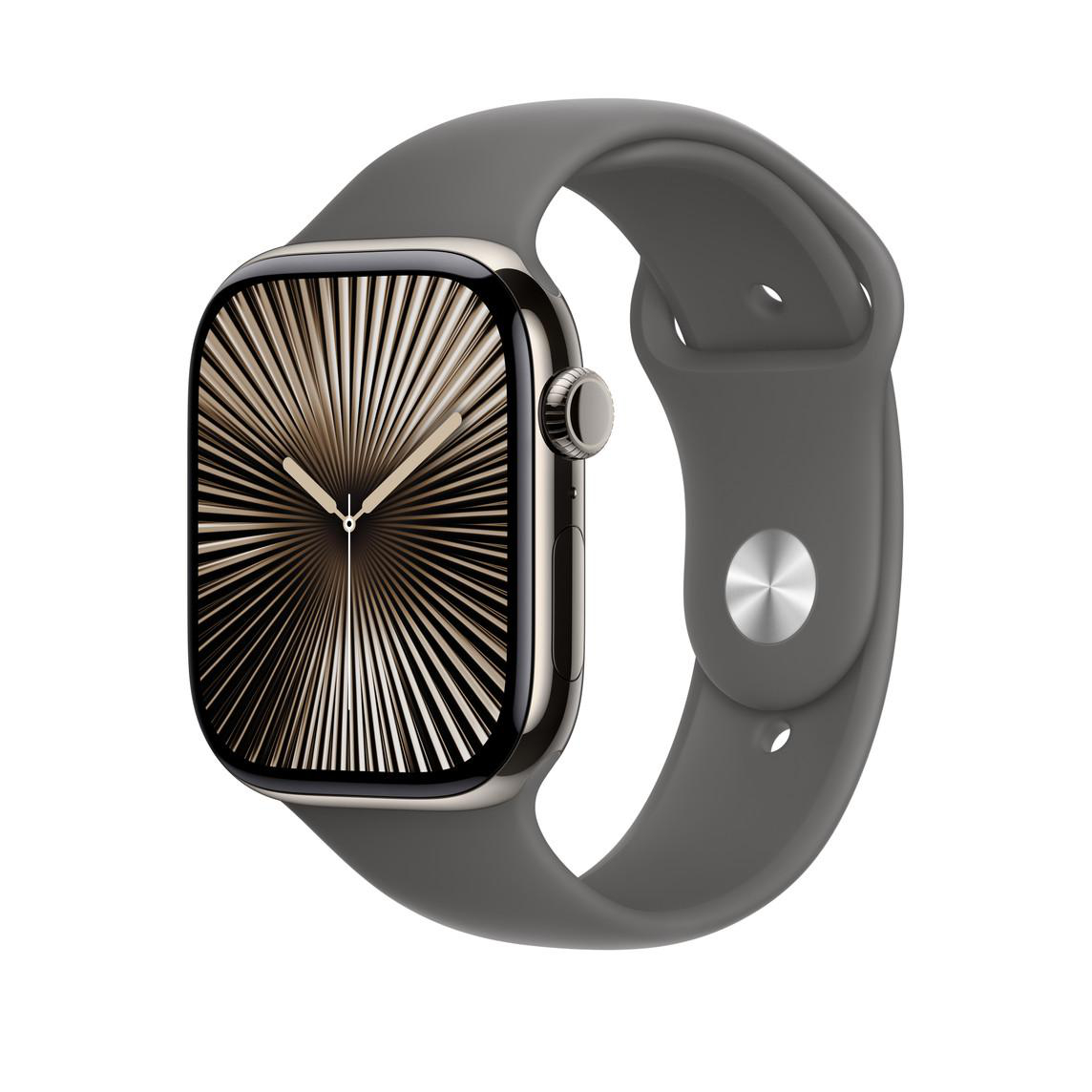 Apple Watch mit grauem Band, goldenem Ziffernblatt und schwarzem Rand.