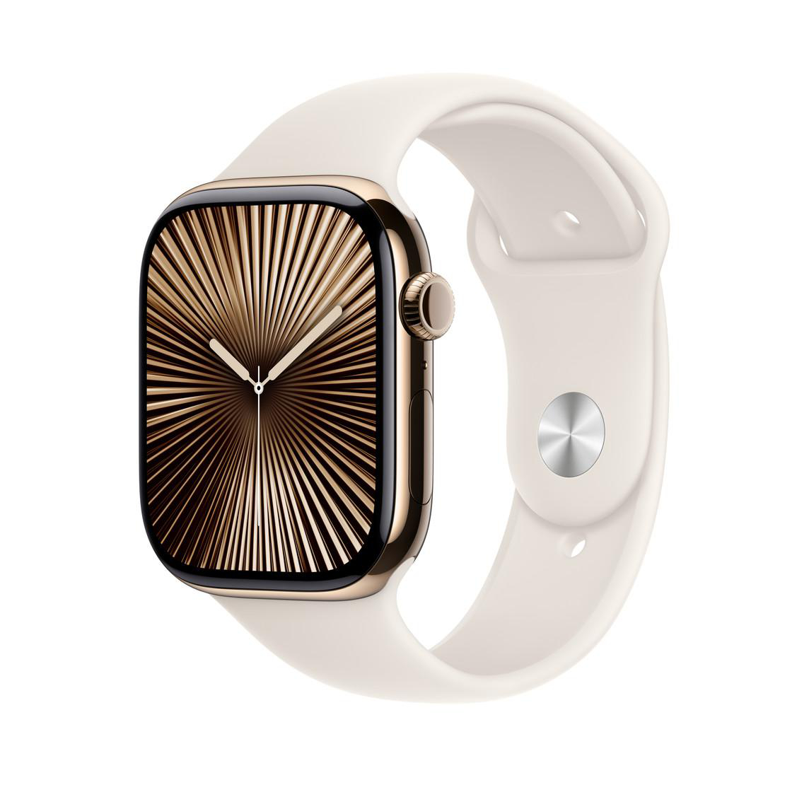 Eine Smartwatch mit radialem Design, Goldgehäuse und weißem Armband, isoliert vor weißem Hintergrund.
