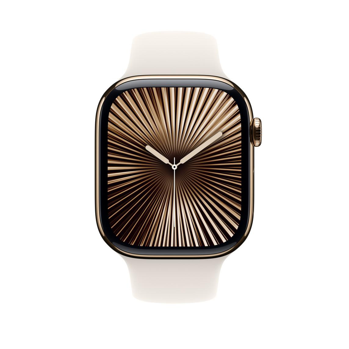 Goldene Apple Watch mit weißem Armband. Das Zifferblatt hat ein radiales Design.