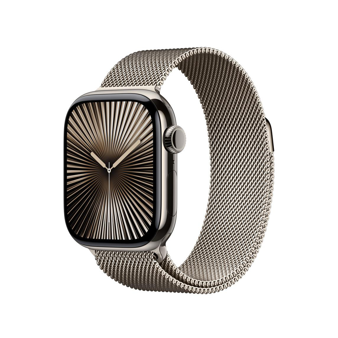 Eine Apple Watch mit Edelstahlgehäuse und goldenem Mailänder-Loop-Armband, mit Sonnenschein-Display.