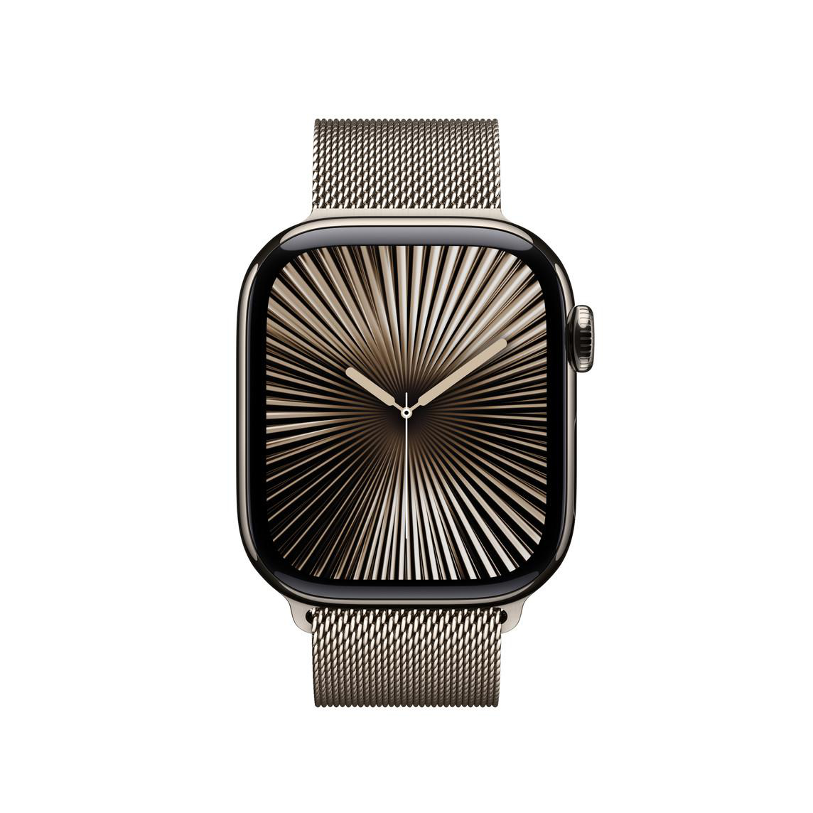 Goldene Apple Watch mit goldenem Mesh-Armband. Das Zifferblatt hat ein radiales Design.