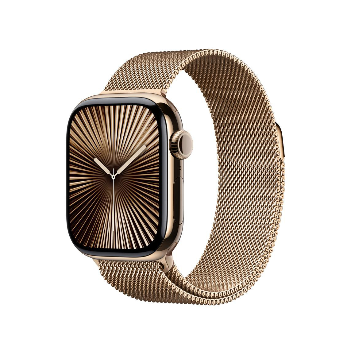 Goldene Apple Watch mit goldenem Mesh-Armband, schräge Ansicht.